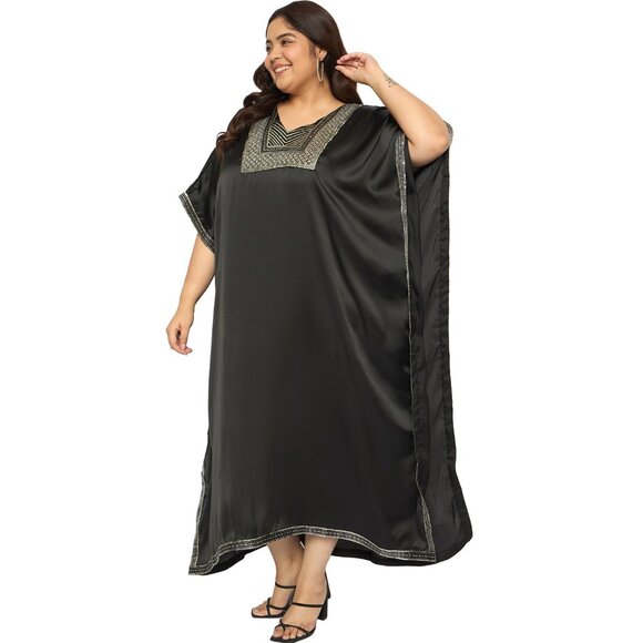 Gypsie Blu Satin Sequences Black Kaftan Dress Women Plus Size Dresses for Party - Picture 5 of 8